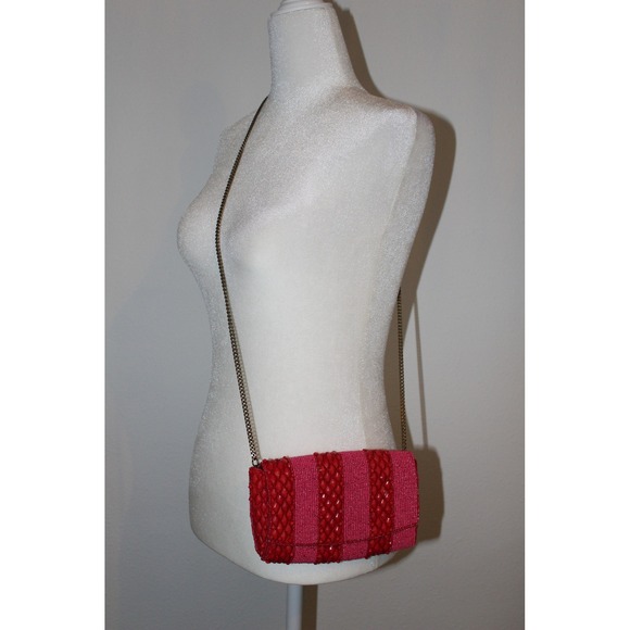 Anthropologie Handbags - Anthropologie Beaded Striped Crossbody Bag Red Pink Chain Strap NWT